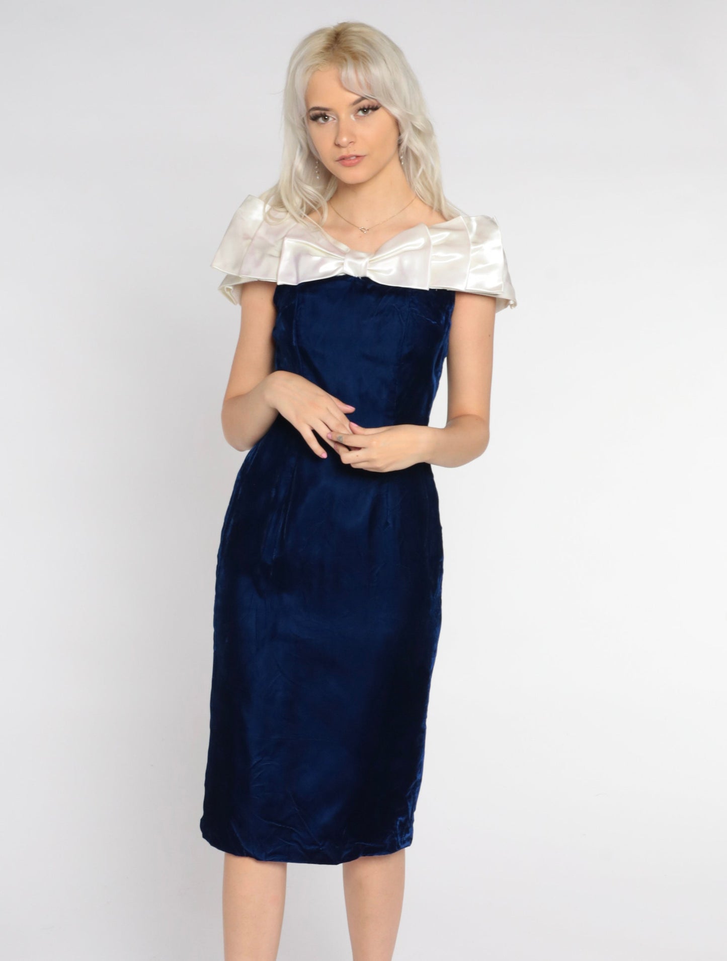 80s Blue Velvet Midi Dress Off-Shoulder Bow Pencil Small S