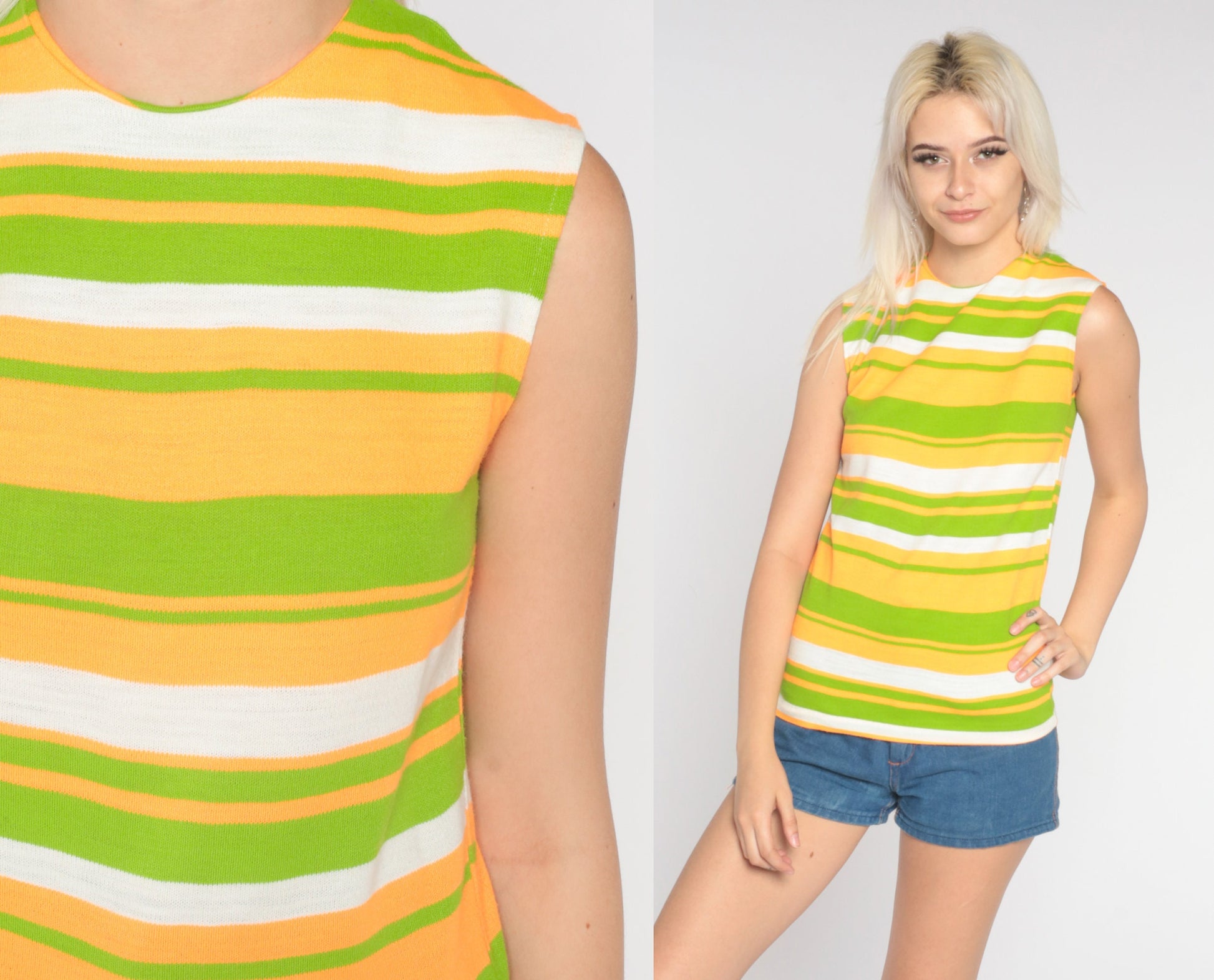 70s Striped Tank Top Green Orange White Sleeveless Shirt Extra Small