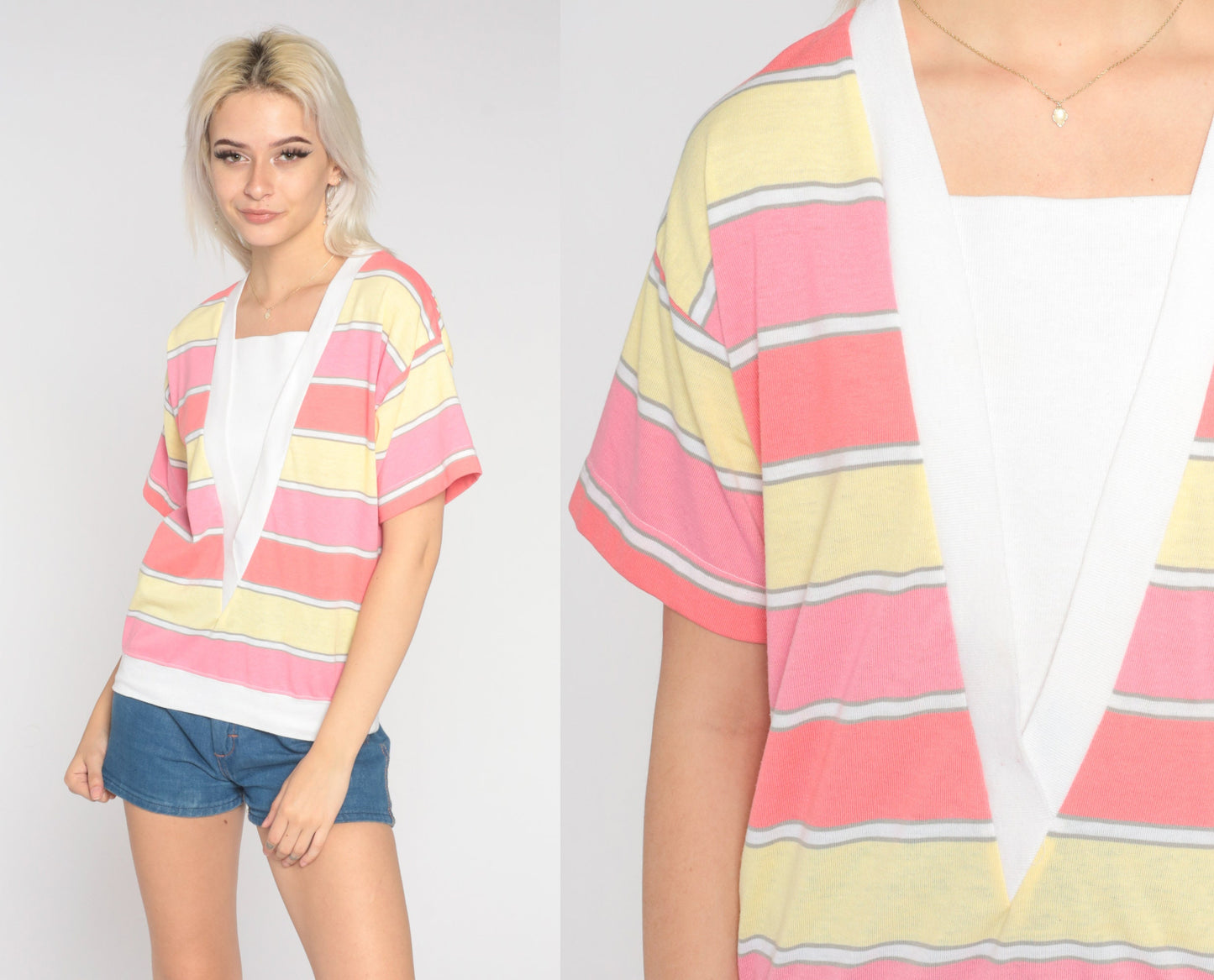 80s Striped Short Sleeve Shirt White Pink Yellow Panel Medium