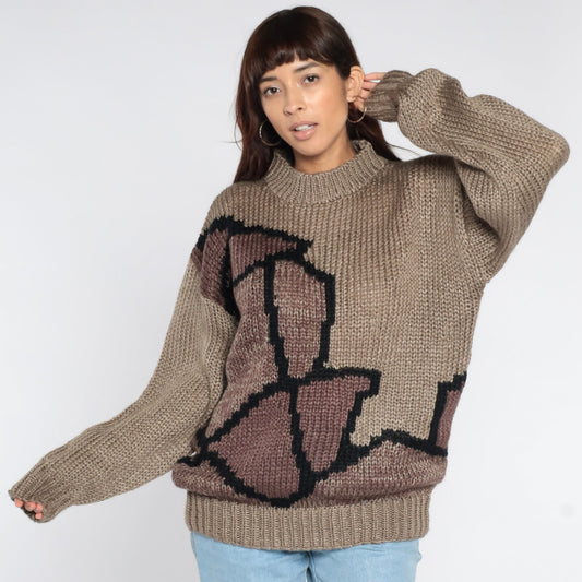 80s Abstract Jacquard Knit Sweater Taupe Crewneck Pullover Large