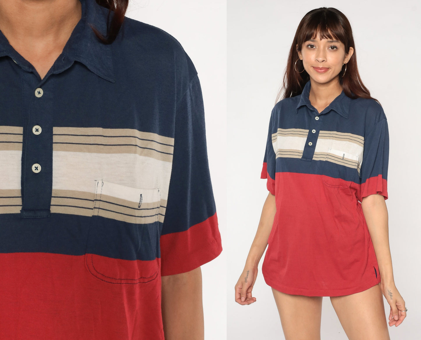 90s Polo Shirt Navy Red Tan Striped Color Block Chest Pocket Men's Large L
