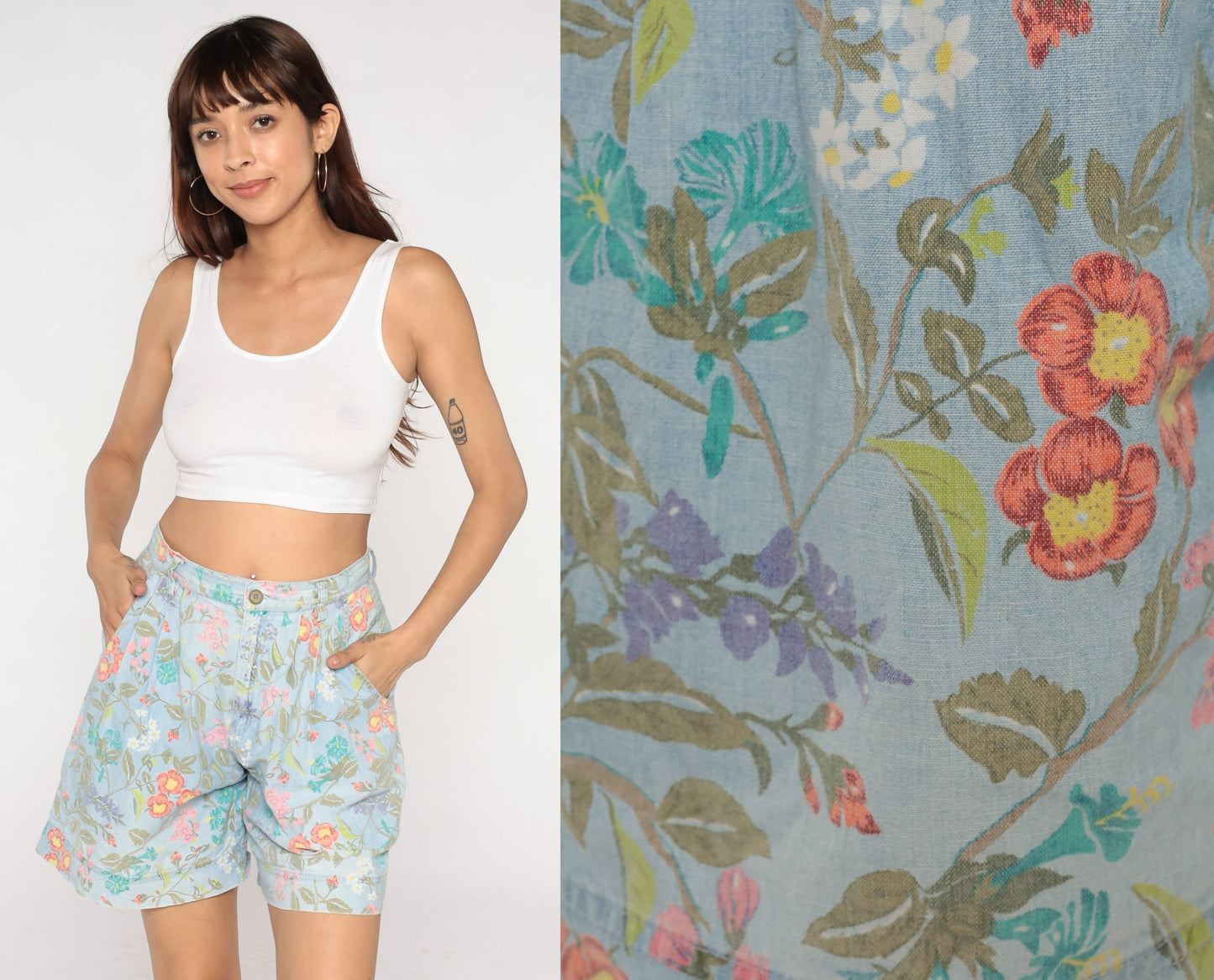 90s Liz Claiborne Floral Denim Shorts High Waist Pleated Blue Cotton Medium