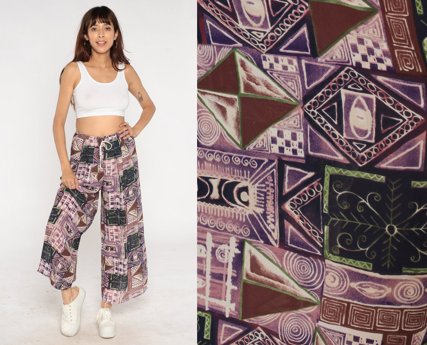 90s Patchwork Abstract Print Wide Leg Pants Purple Drawstring Waist Small