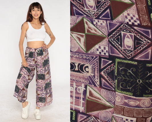 90s Patchwork Abstract Print Wide Leg Pants Purple Drawstring Waist Small