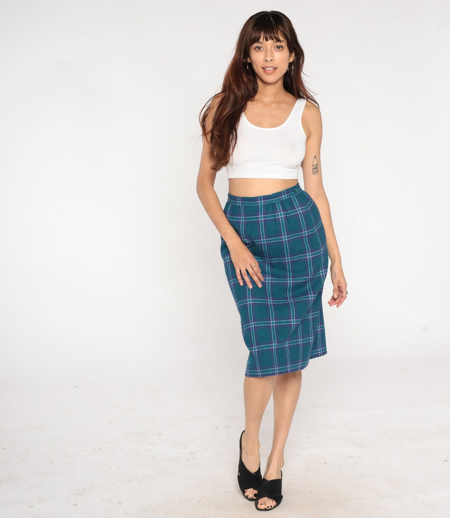 Pendleton Wool Plaid Midi Skirt 80s Blue High Waist Pencil Medium