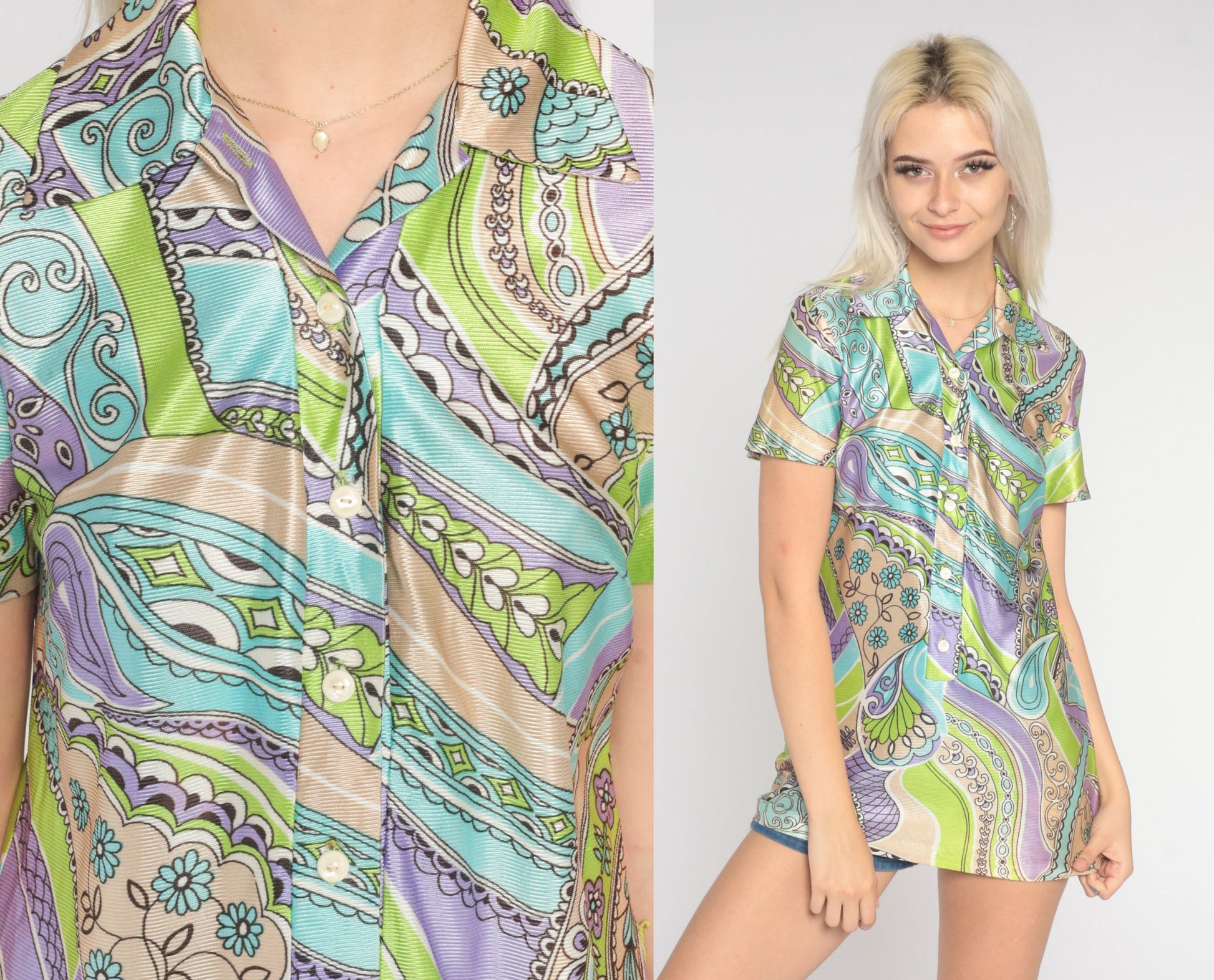 70s Psychedelic Paisley Floral Button-Up Blouse Short Sleeve Green Purple Small