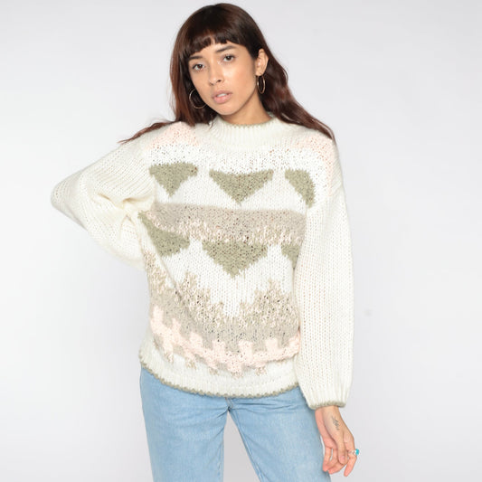 80s Geometric Mock Neck Sweater White Knit Pullover Small S