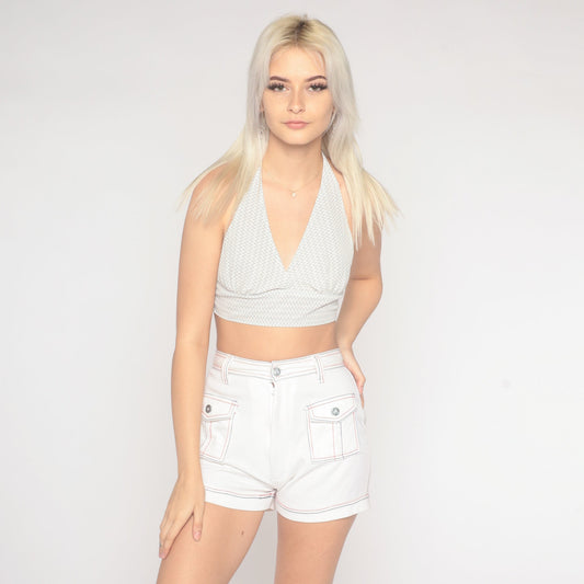 70s White Hotpants High-Waisted Shorts Red Blue Stitching Extra Small