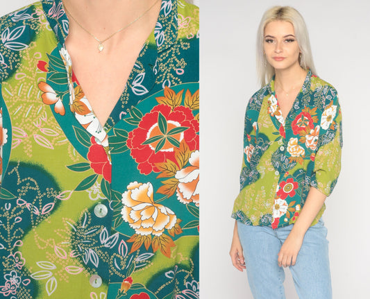 90s Floral Button-Up Blouse Blue Green Rayon 3/4 Sleeve Medium M