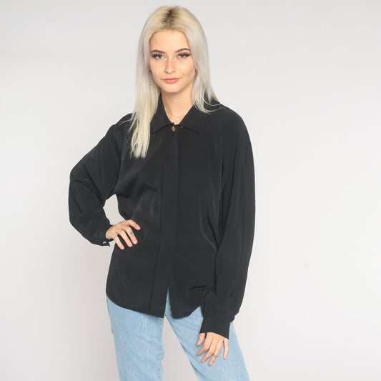 90s Black Button-Up Blouse Long Sleeve Hidden Buttons Large 12
