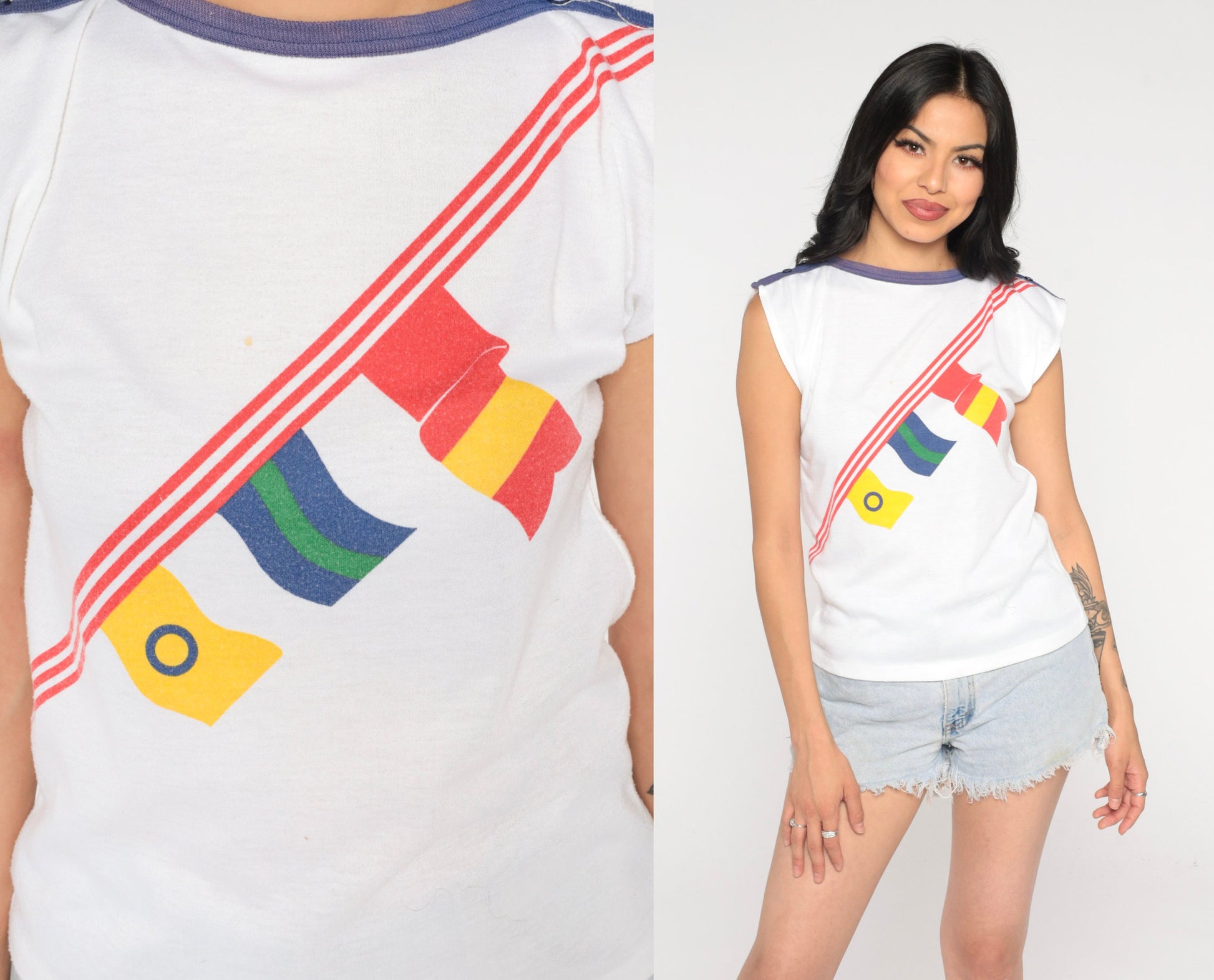 80s Nautical Flag Cap Sleeve T-Shirt Blue Trim Graphic Tee Small