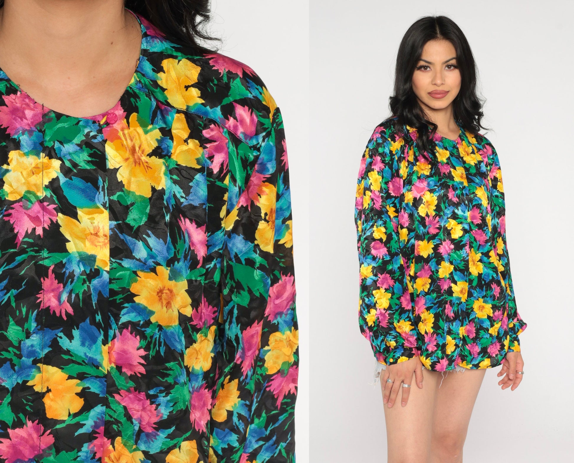 90s Black Floral Blouse Hidden Button Long Sleeve Shirt Large L