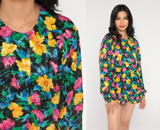 90s Black Floral Blouse Hidden Button Long Sleeve Shirt Large L
