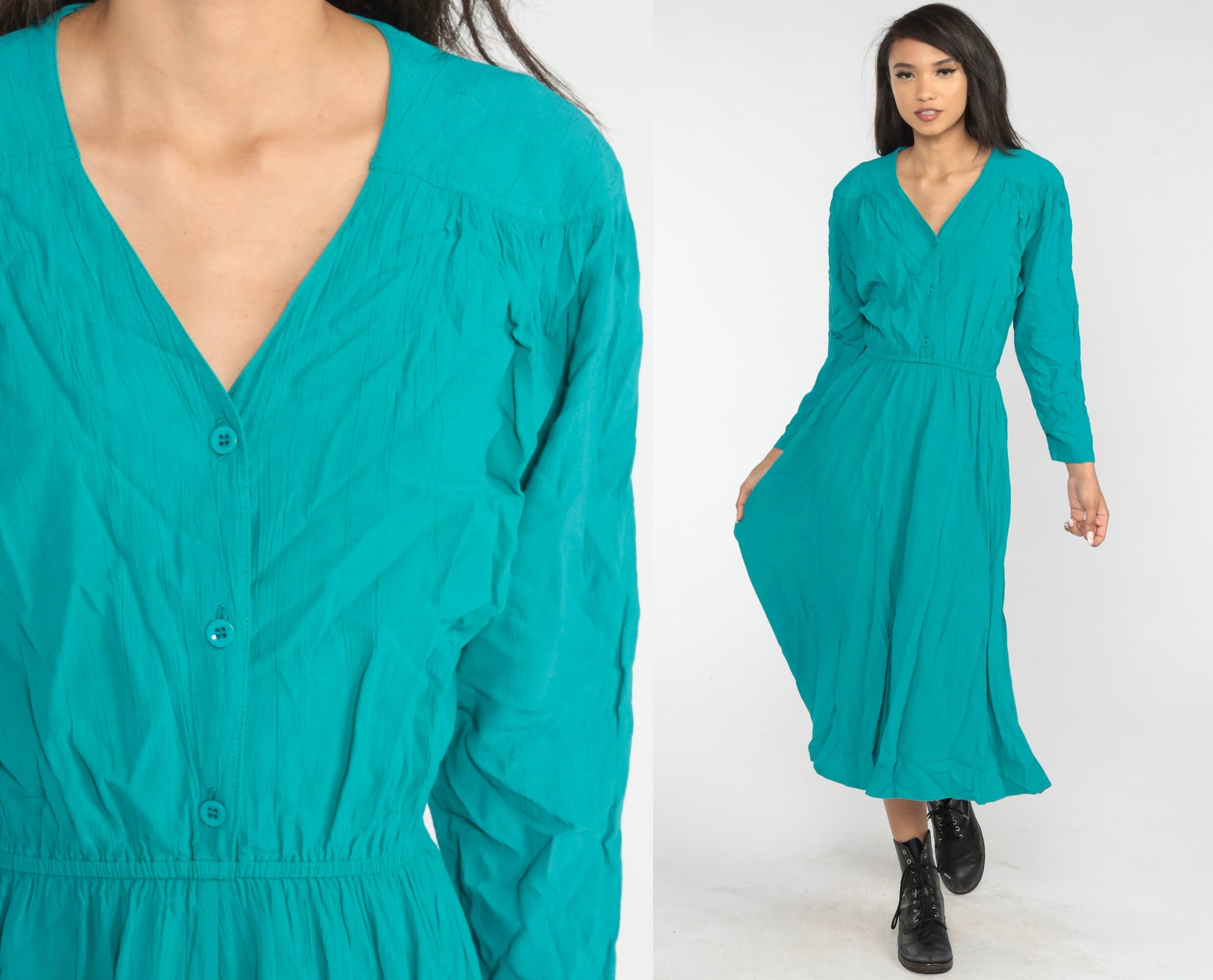 00s Teal Button-Up Maxi Dress High Waist Long Sleeve V-Neck Medium M