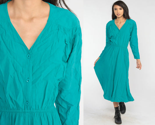 00s Teal Button-Up Maxi Dress High Waist Long Sleeve V-Neck Medium M