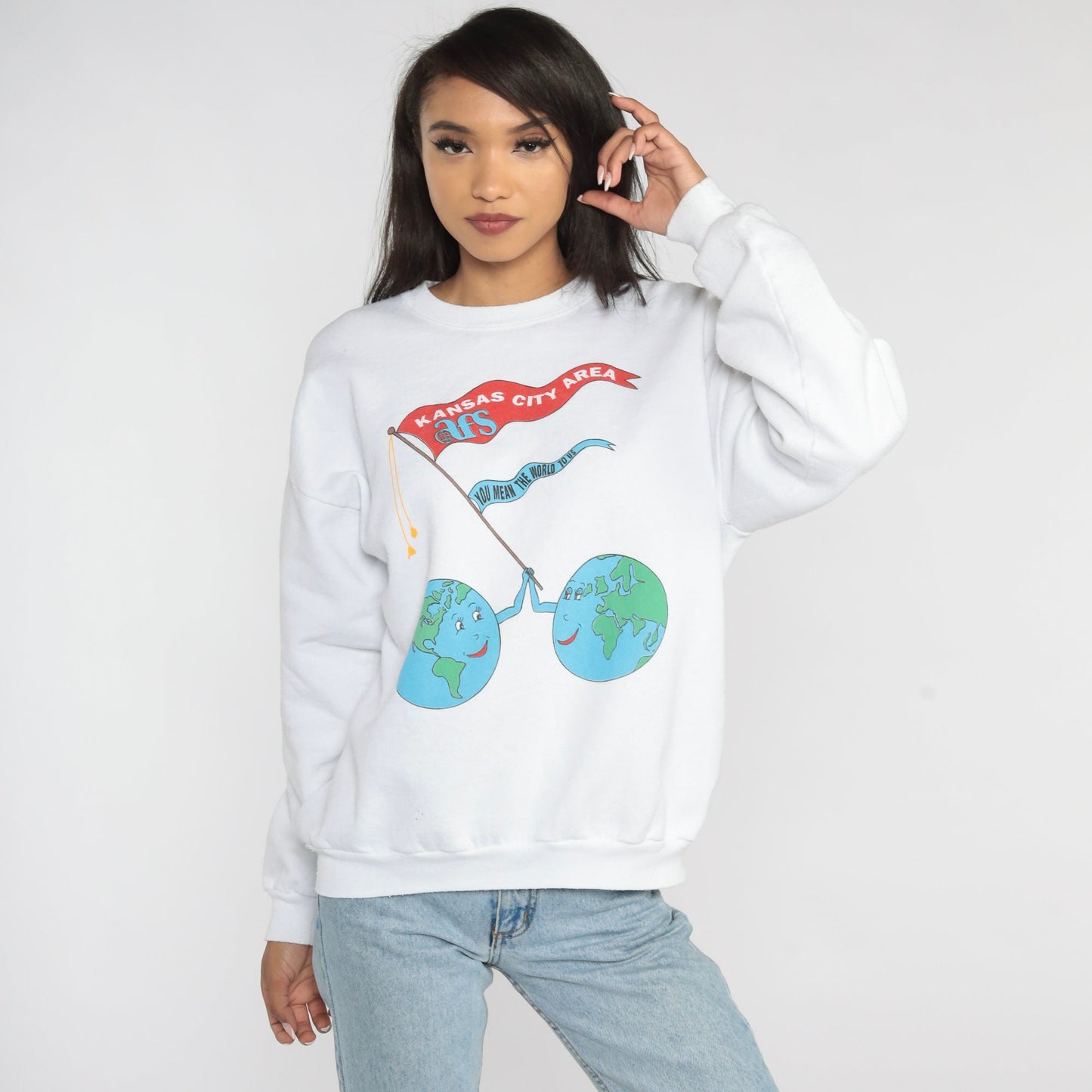 90s Kansas City AFS Earth Graphic Sweatshirt Crewneck Cotton Blend Large L