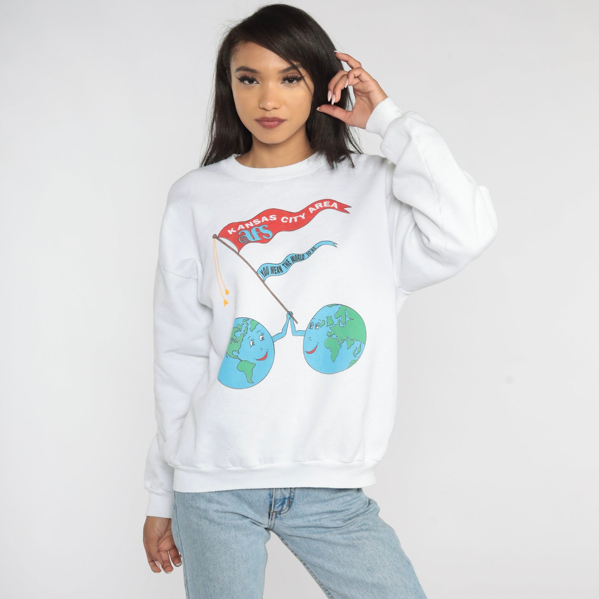 90s Kansas City AFS Earth Graphic Sweatshirt Crewneck Cotton Blend Large L