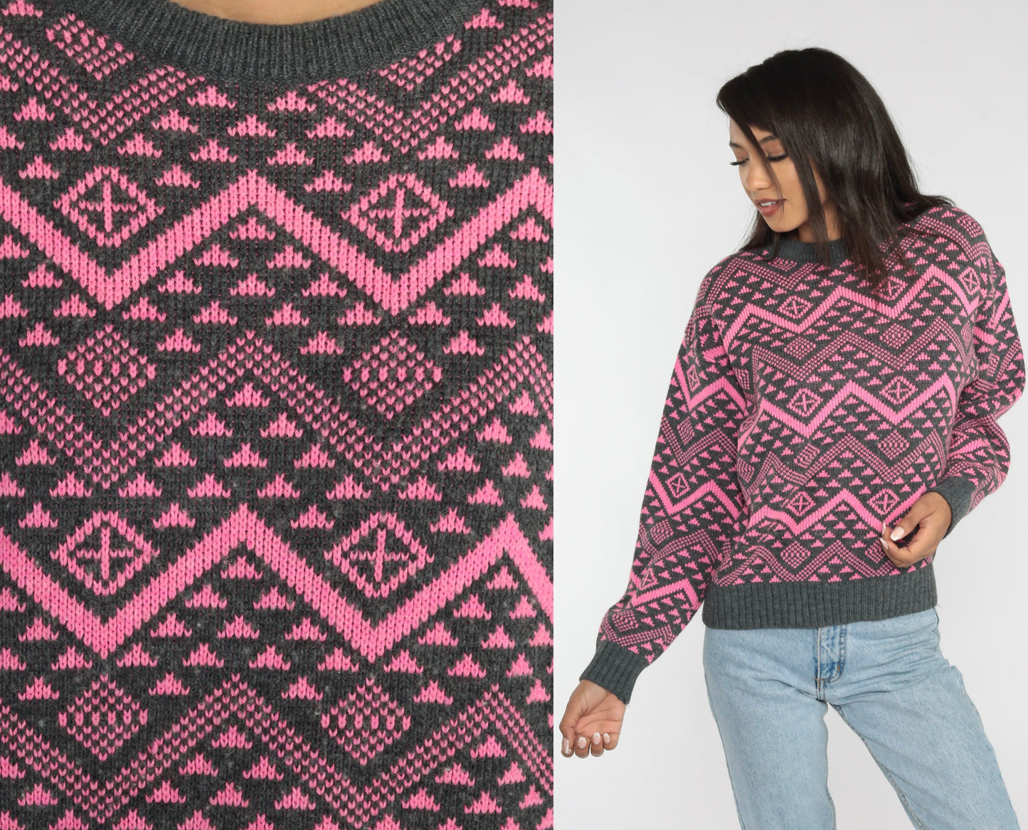 90s Pink Zig Zag Geometric Wool Blend Sweater Grey Crewneck Small S