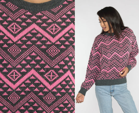 90s Pink Zig Zag Geometric Wool Blend Sweater Grey Crewneck Small S