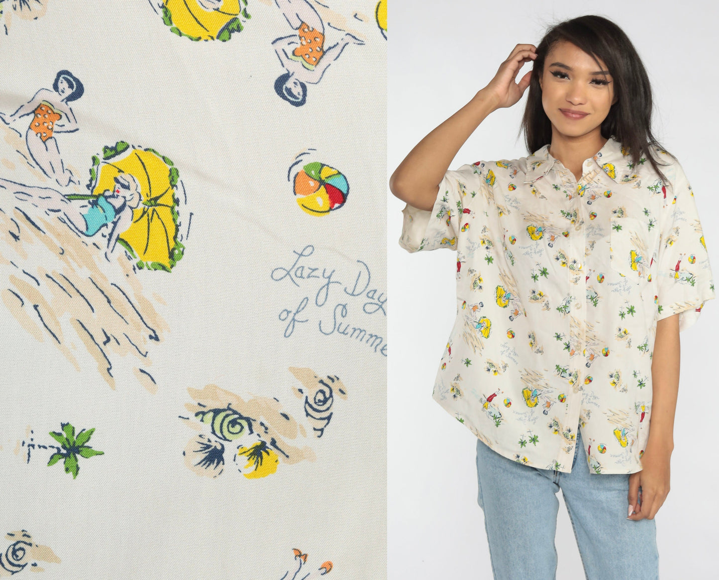 00s Liz Claiborne Silk Button-Up Blouse Beach Print Short Sleeve XXL