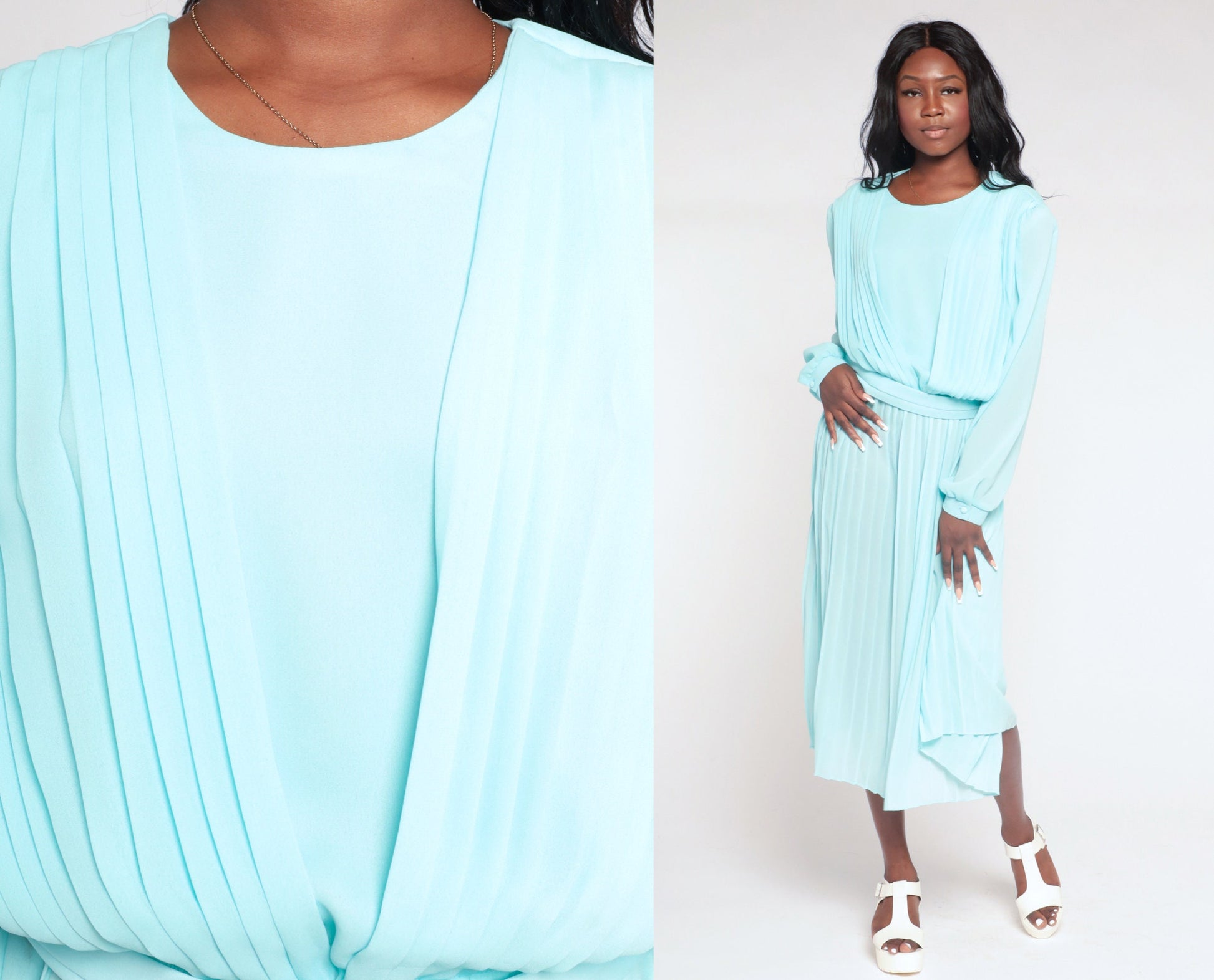 80s Blue Pleated Midi Dress Long Sleeve Keyhole Back Semi Sheer Medium Large
