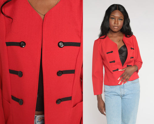 80s Red Cropped Blazer Black Button Open Front Jacket Small