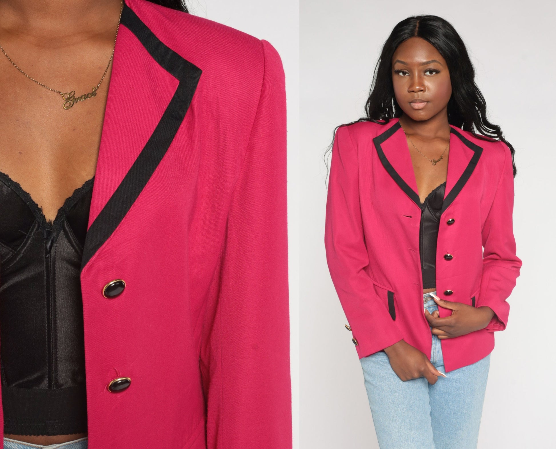 90s Hot Pink Blazer Black Trim Button Up Jacket Small S