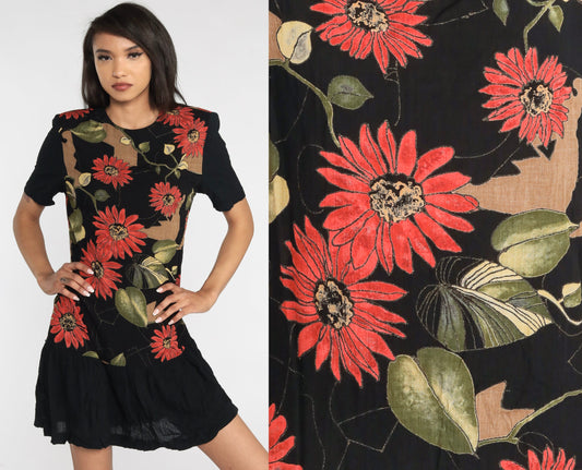 90s Black Floral Mini Dress Drop Waist Ruffle Short Sleeve Small S