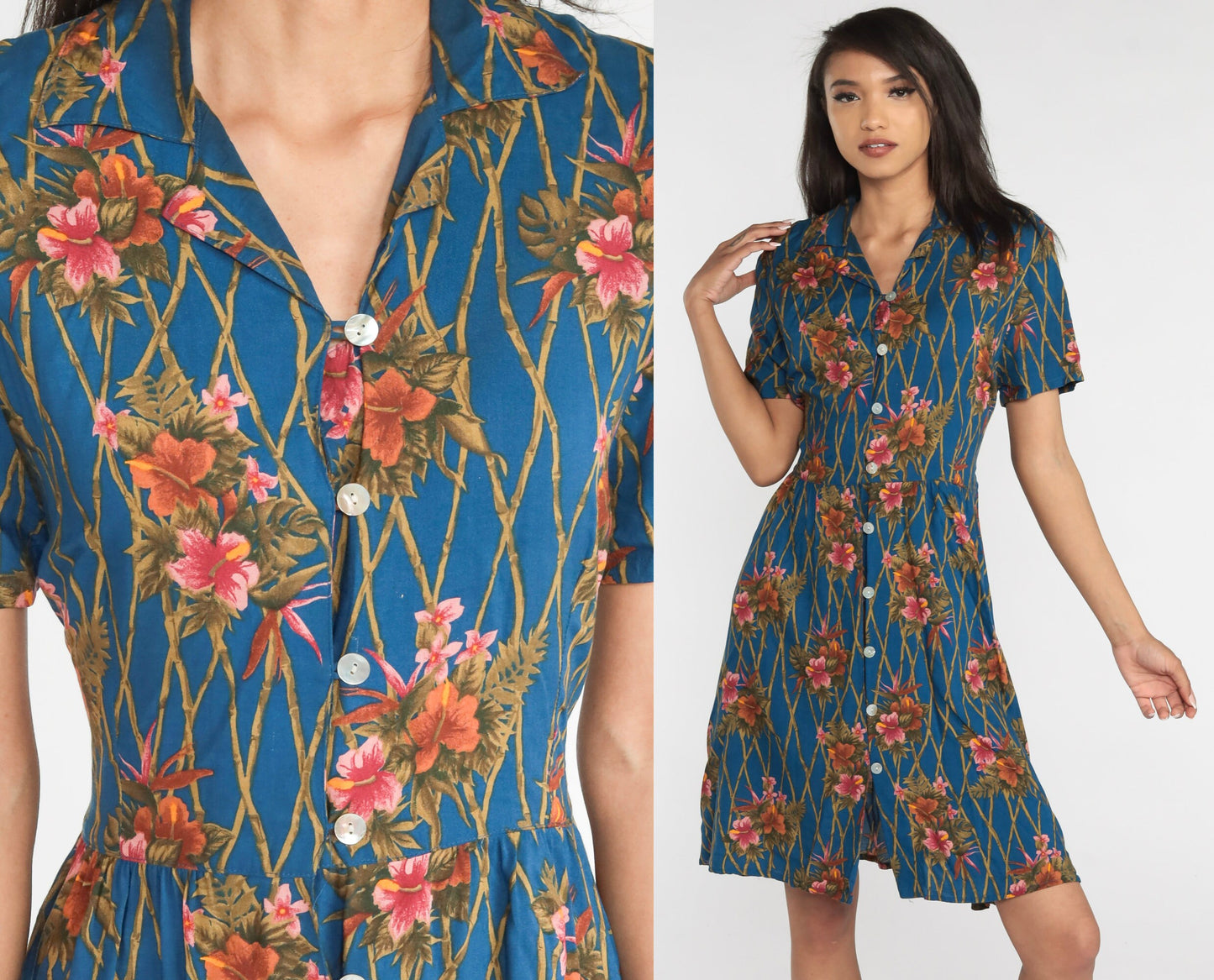 00s Karen Scott Hawaiian Floral Shirtdress Blue Tropical Knee-Length Medium
