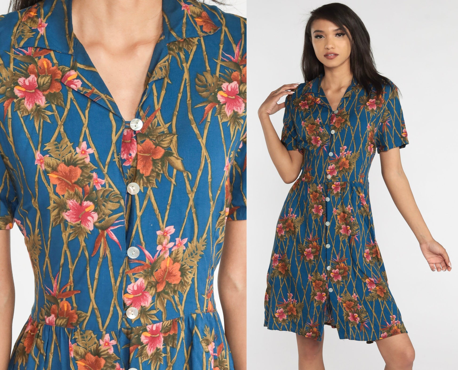 00s Karen Scott Hawaiian Floral Shirtdress Blue Tropical Knee-Length Medium