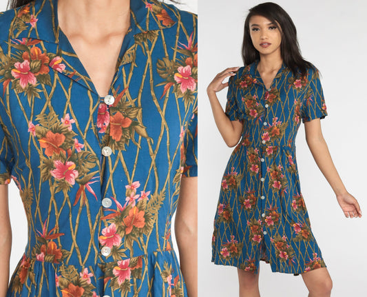 00s Karen Scott Hawaiian Floral Shirtdress Blue Tropical Knee-Length Medium