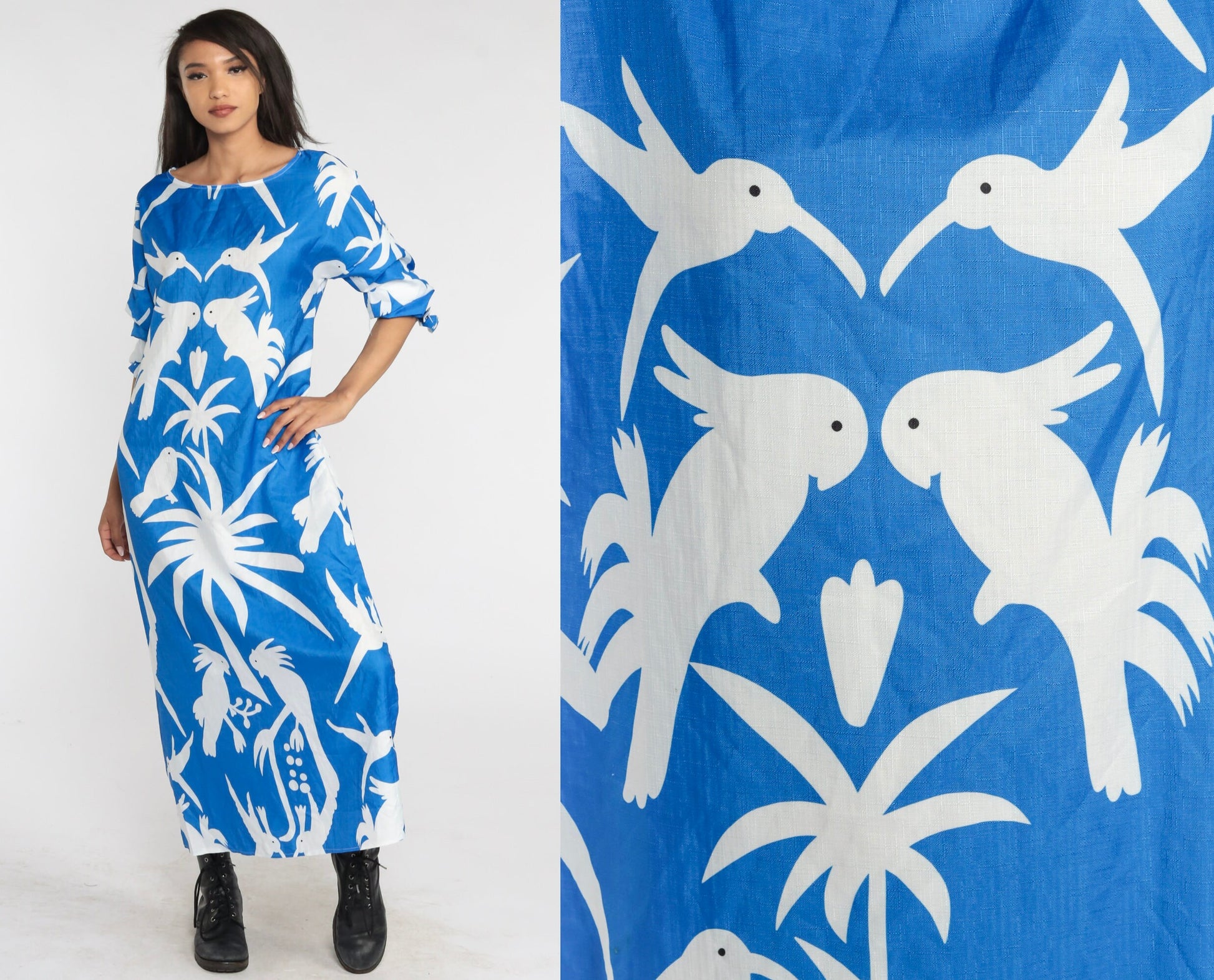80s Bird Print Maxi Dress Blue Tropical Cockatoo Palm Tree Long Sleeve Medium