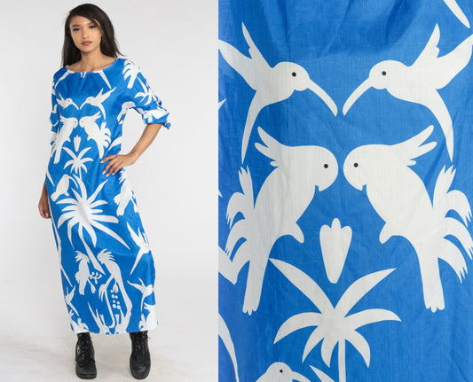 80s Bird Print Maxi Dress Blue Tropical Cockatoo Palm Tree Long Sleeve Medium