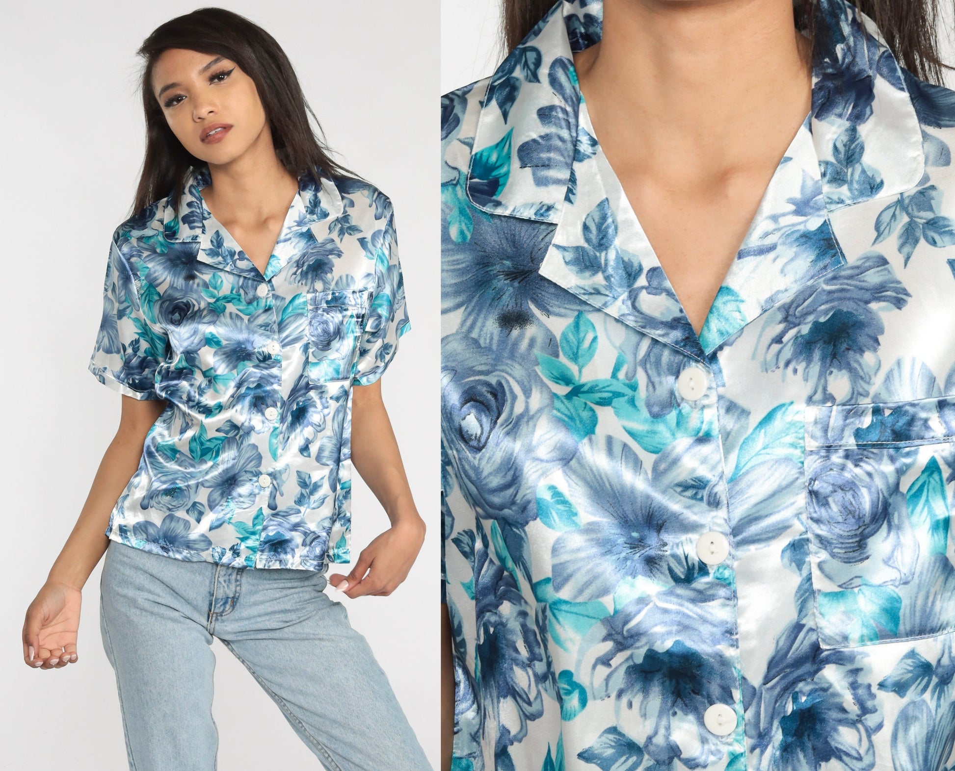 Y2K Blue Floral Button-Up Blouse White Short Sleeve Collar Medium M