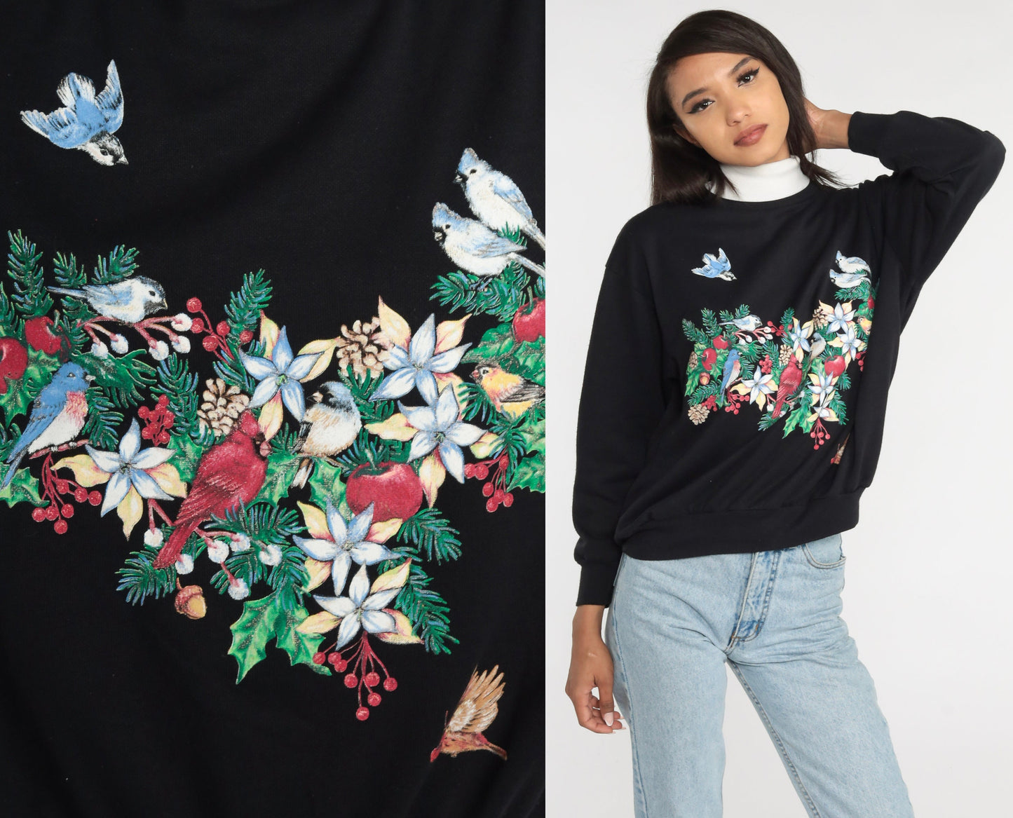 90s Bird Floral Wreath Turtleneck Sweatshirt Black Graphic Pullover Medium