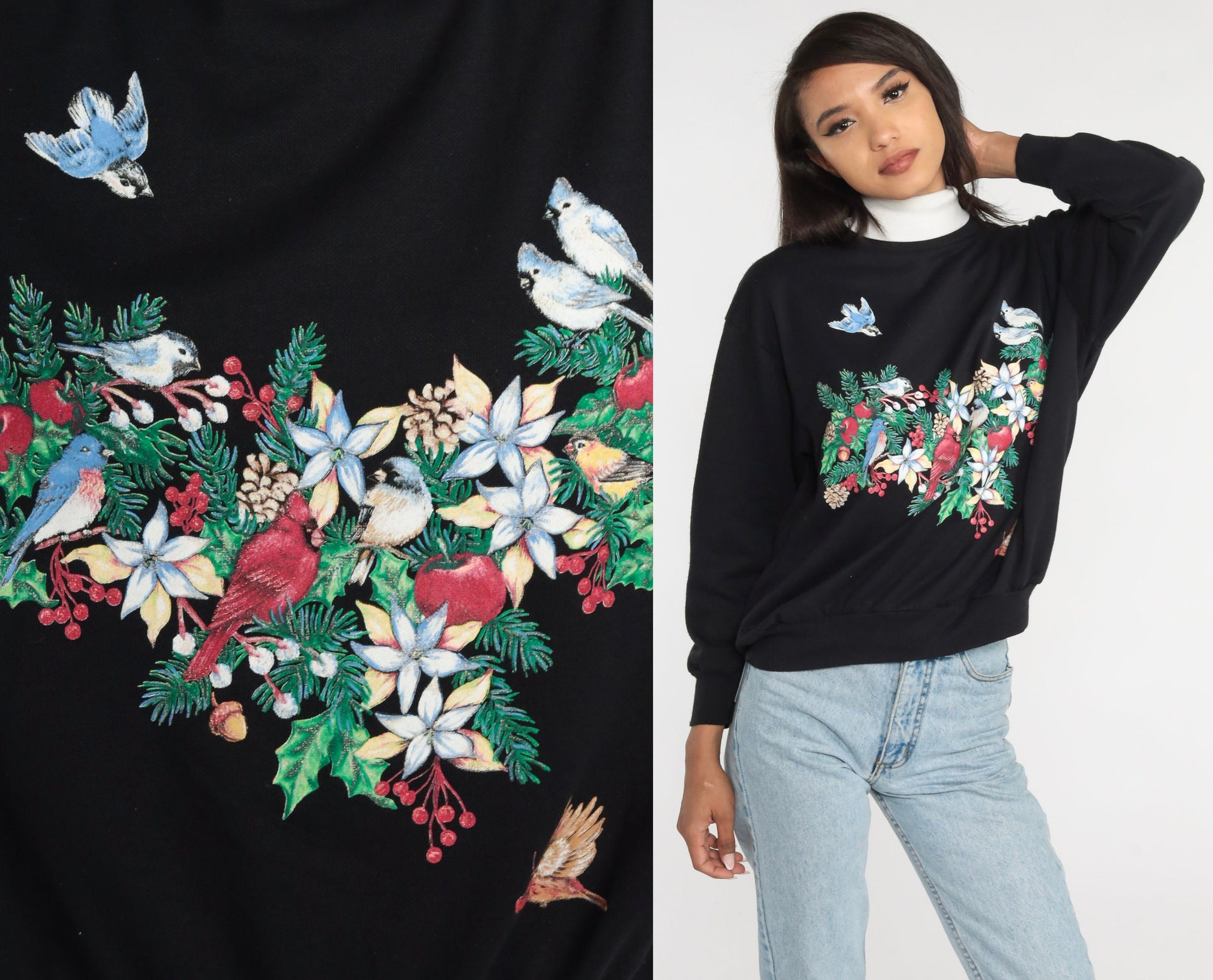 90s Bird Floral Wreath Turtleneck Sweatshirt Black Graphic Pullover Medium