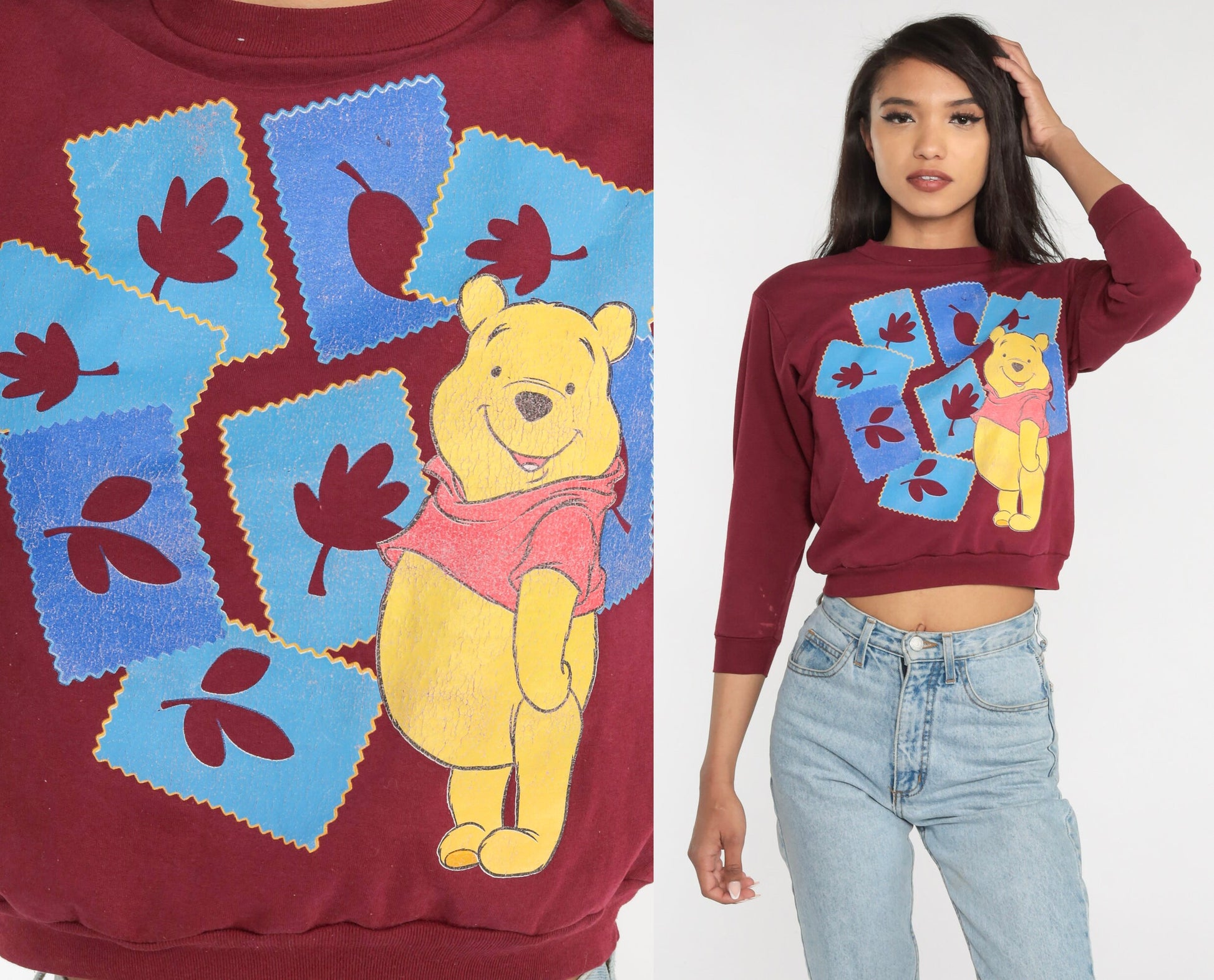 Y2K Winnie The Pooh Burgundy Autumn Leaves Sweatshirt Disney Graphic Crewneck XS