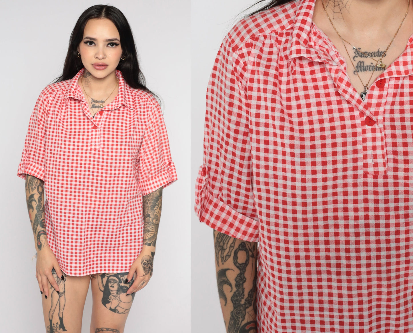 70s Red Gingham Tunic Blouse Short Sleeve Checkered Shirt Medium