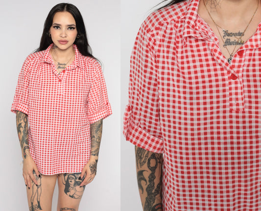 70s Red Gingham Tunic Blouse Short Sleeve Checkered Shirt Medium