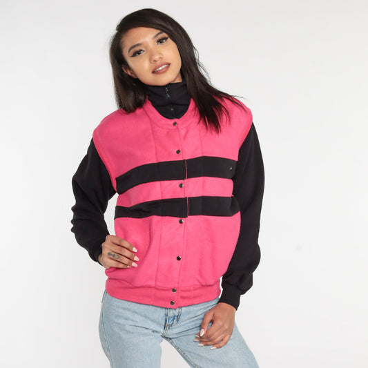 80s Striped Color Block Jacket Hot Pink Black Snap Front Medium