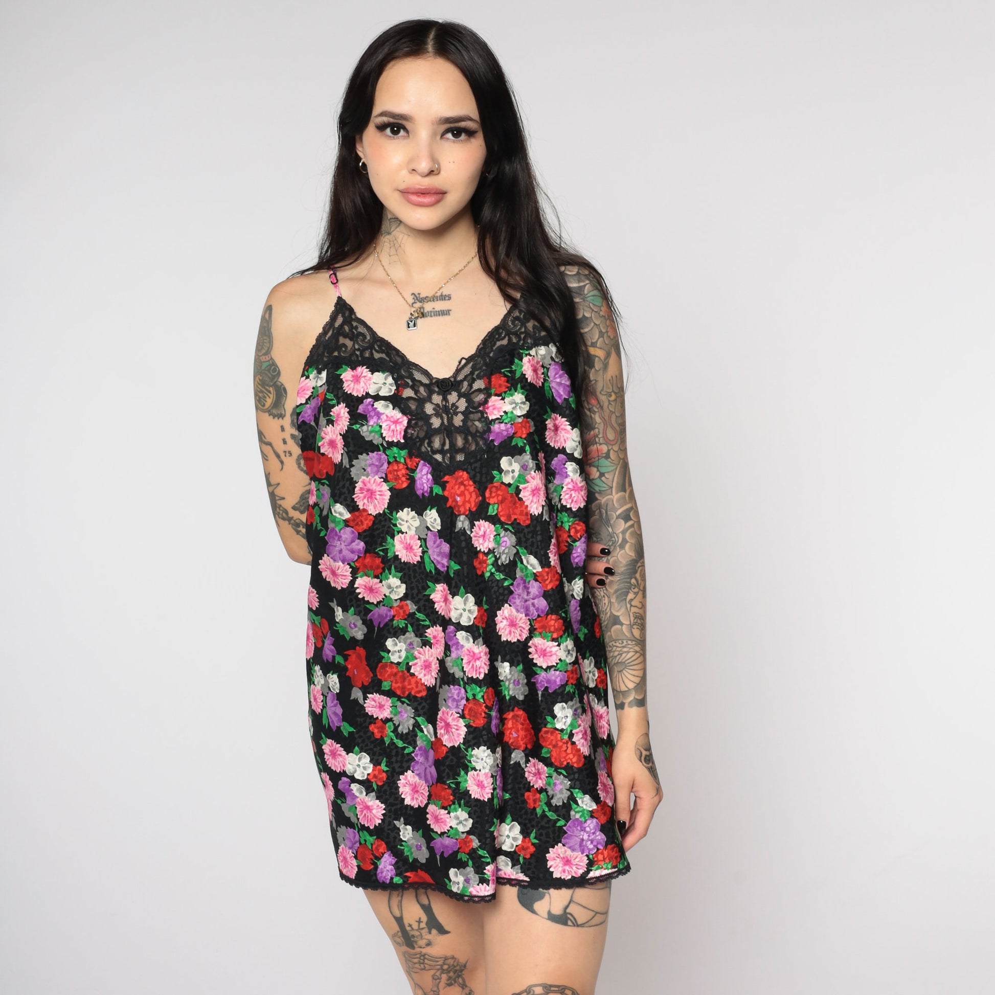 90s Black Floral Embossed Slip Dress Lace Trim Spaghetti Strap Mini Medium