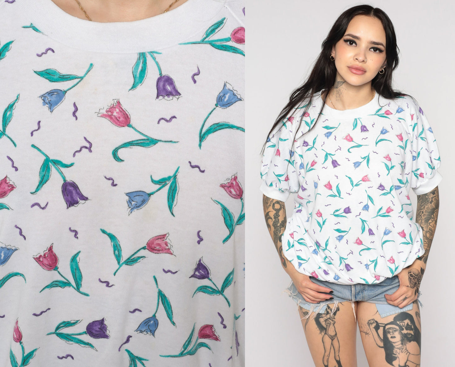 80s White Floral Print Top Banded Hem Short Sleeve Plus Size XXL