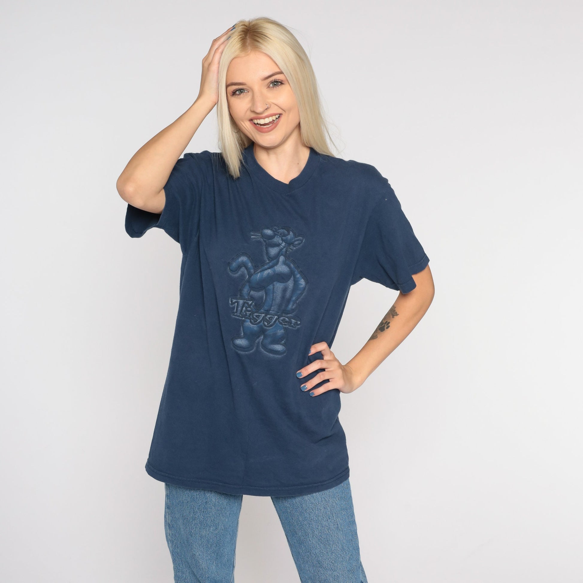Y2K Disney Tigger Graphic T-Shirt Navy Cotton Tee Medium M