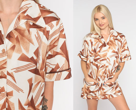 70s Abstract Geometric Triangle Print Button-Up Blouse White Brown Pointed Collar Large
