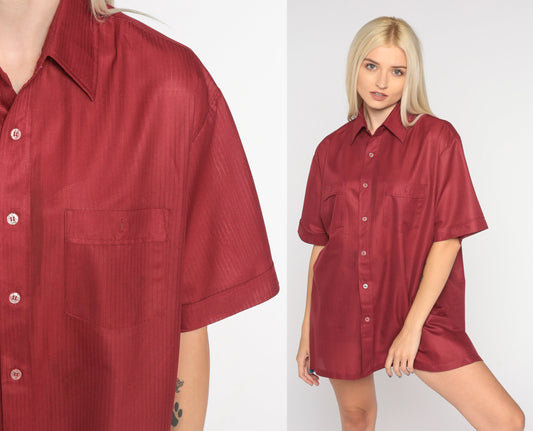70s Red Button-Up Shirt Short Sleeve Collared Disco Top Large L