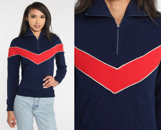 80s Blue Quarter Zip Sweatshirt Red Chevron Stripe Crewneck Extra Small
