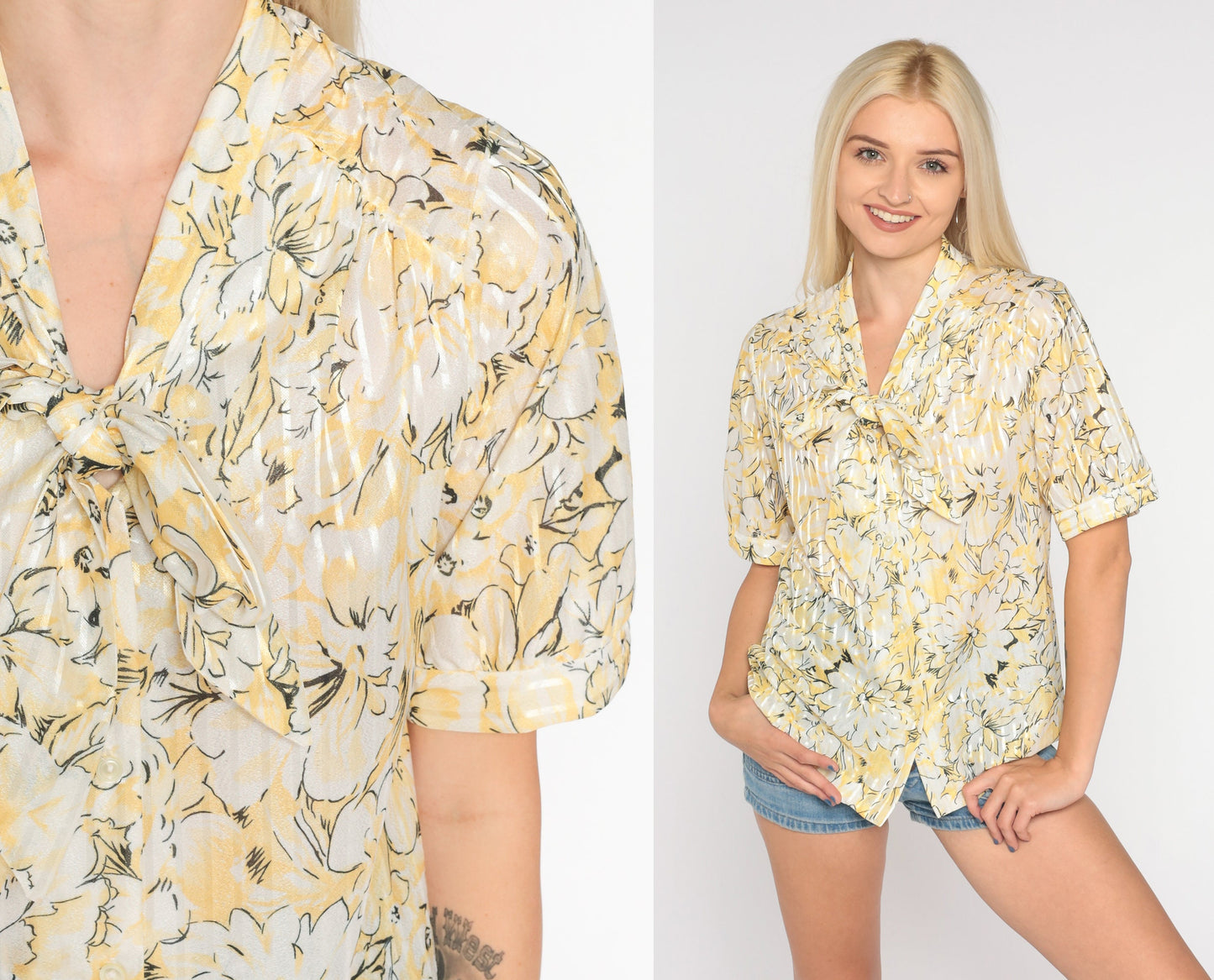 70s Yellow Floral Ascot Blouse Short Sleeve Necktie Top Small S