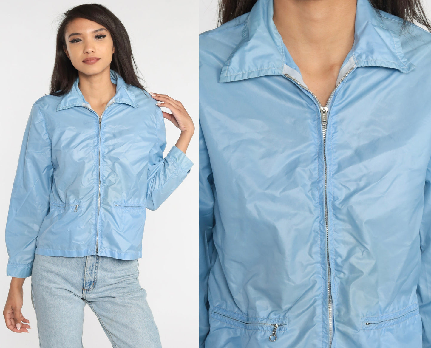 70s Baby Blue Nylon Windbreaker Zip Jacket Small