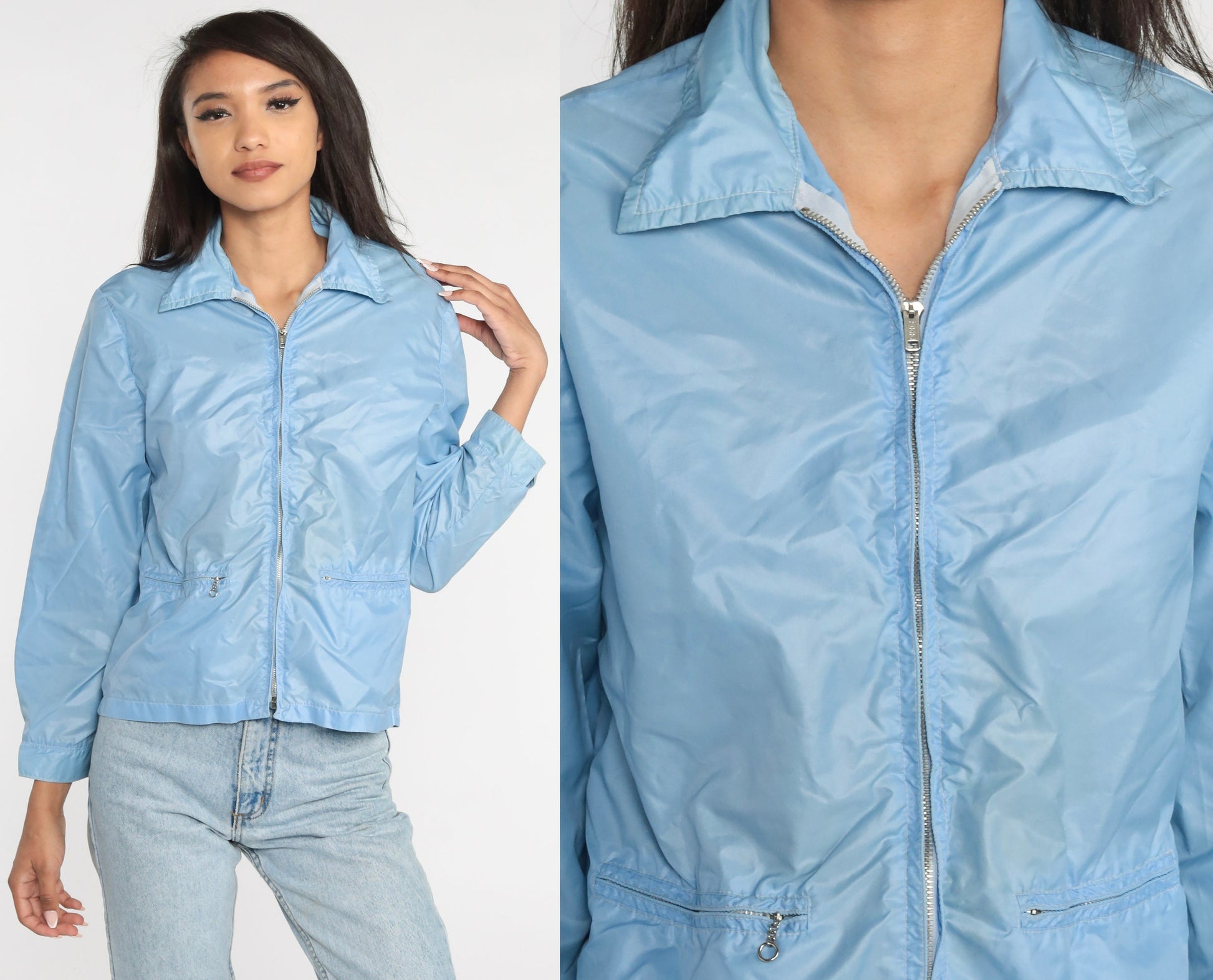 70s Baby Blue Nylon Windbreaker Zip Jacket Small