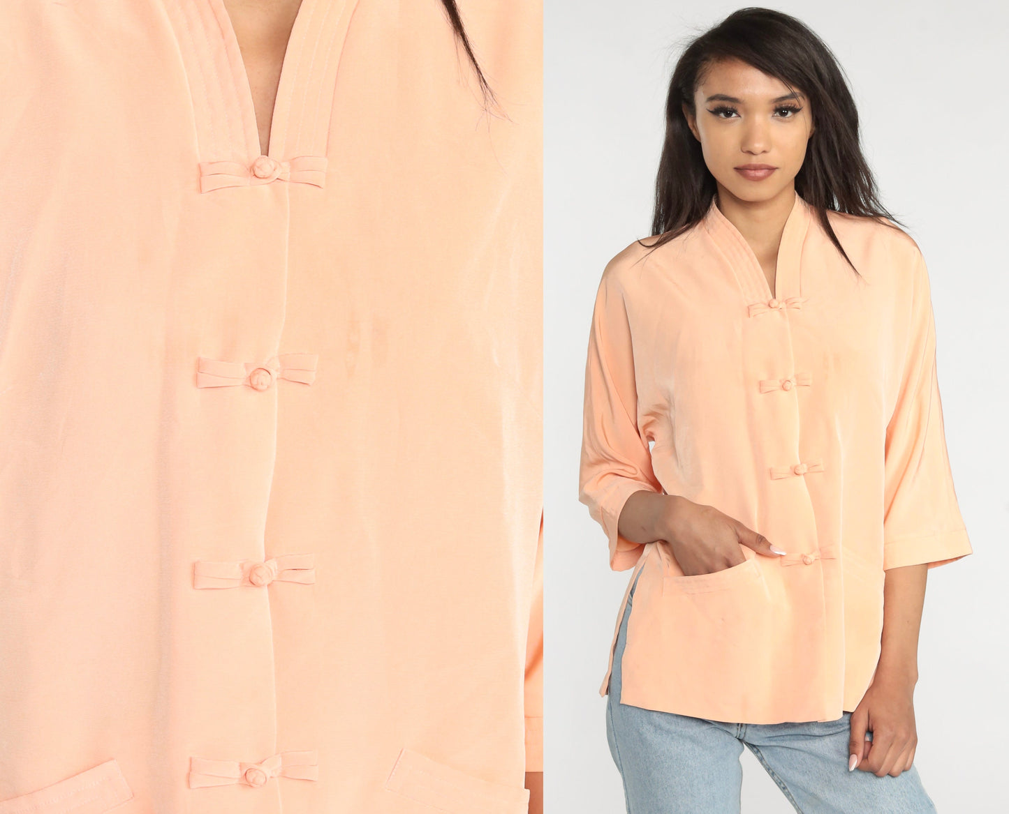 70s Peach Blouse Short Sleeve Frog Button Shirt Medium Large